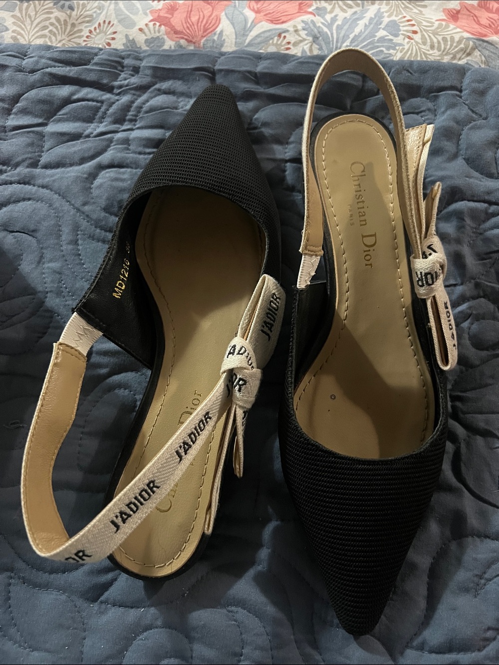 Dior Black Pointed J'Adior Slingback Flats with Ivory Straps